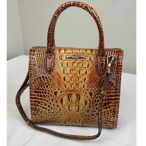 BRAHMIN SMALL CAROLINE Satchel Toasted Almond Croc Leather Crossbody - Picture 1 of 12